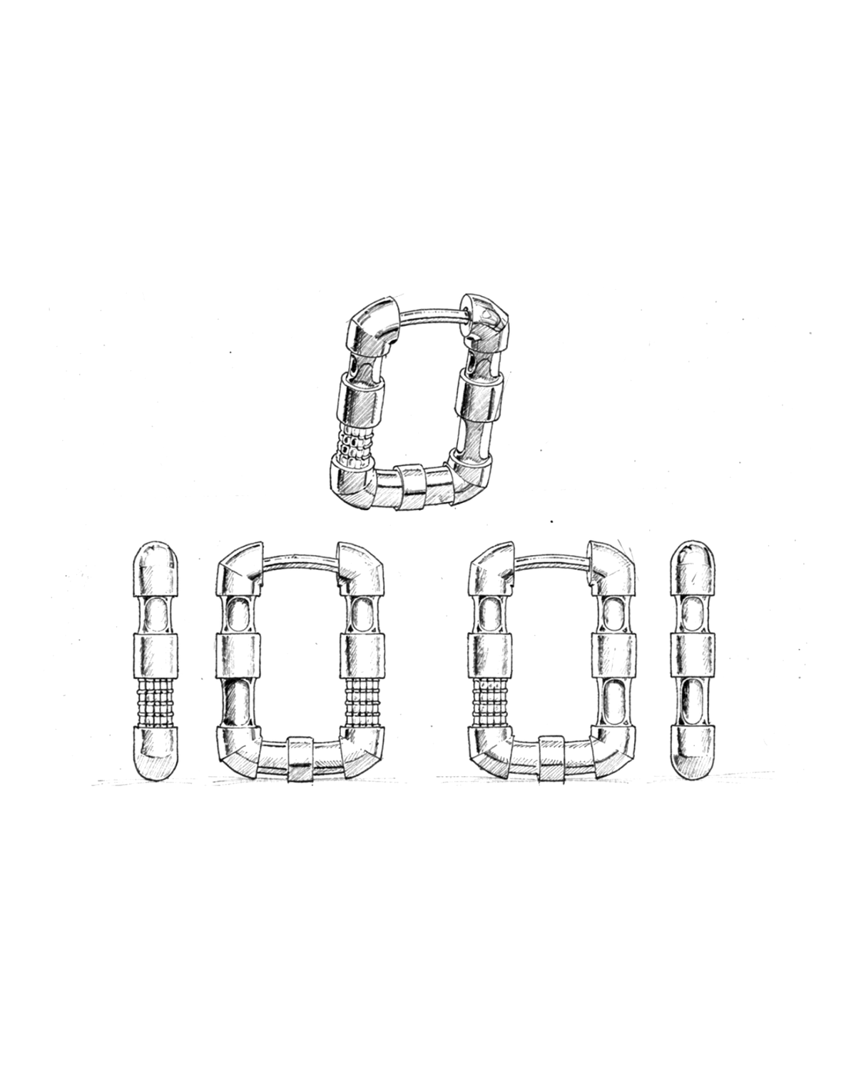 Technical drawing of the hoop earring in five views.