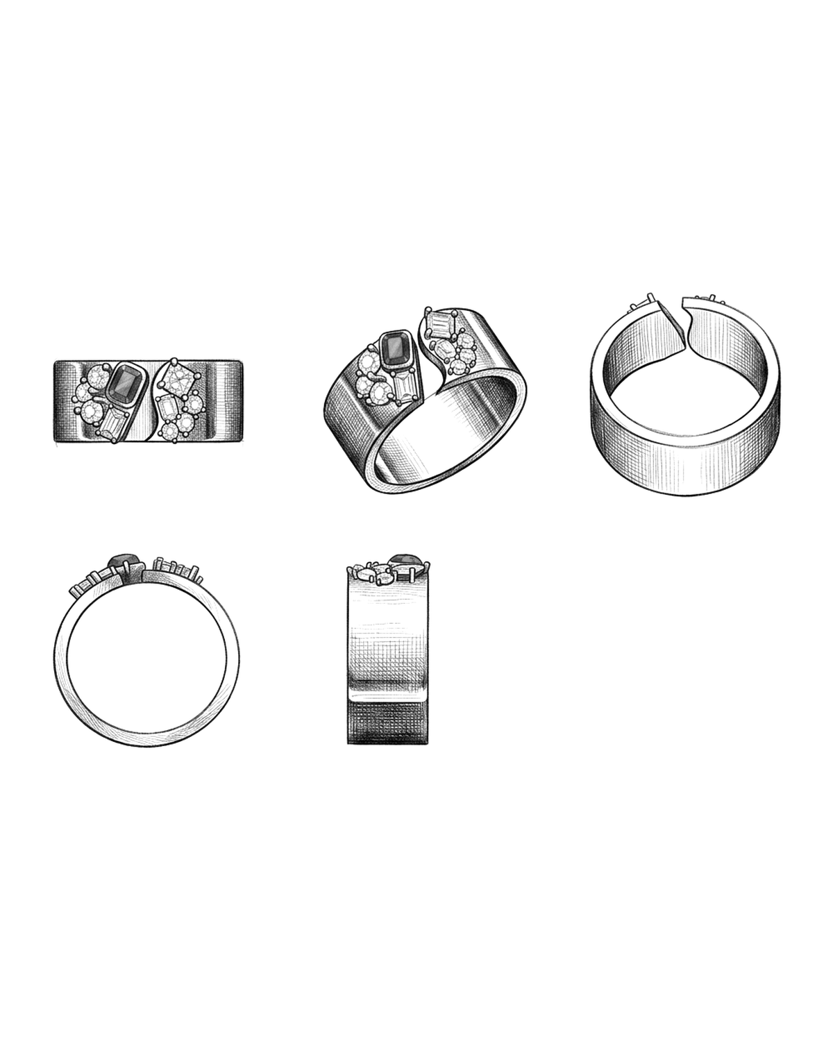 Technical drawing of a wide band ring in five views.